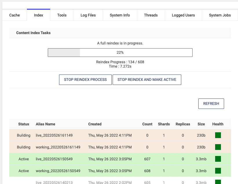 The Index tab displaying a reindex.