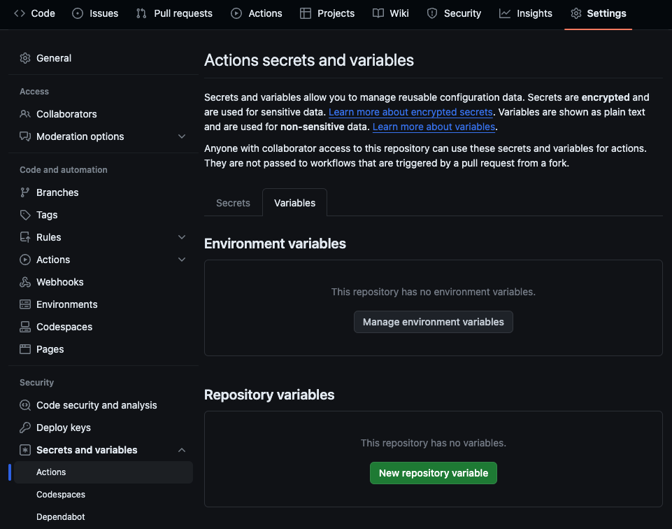 GitHub variables menu.