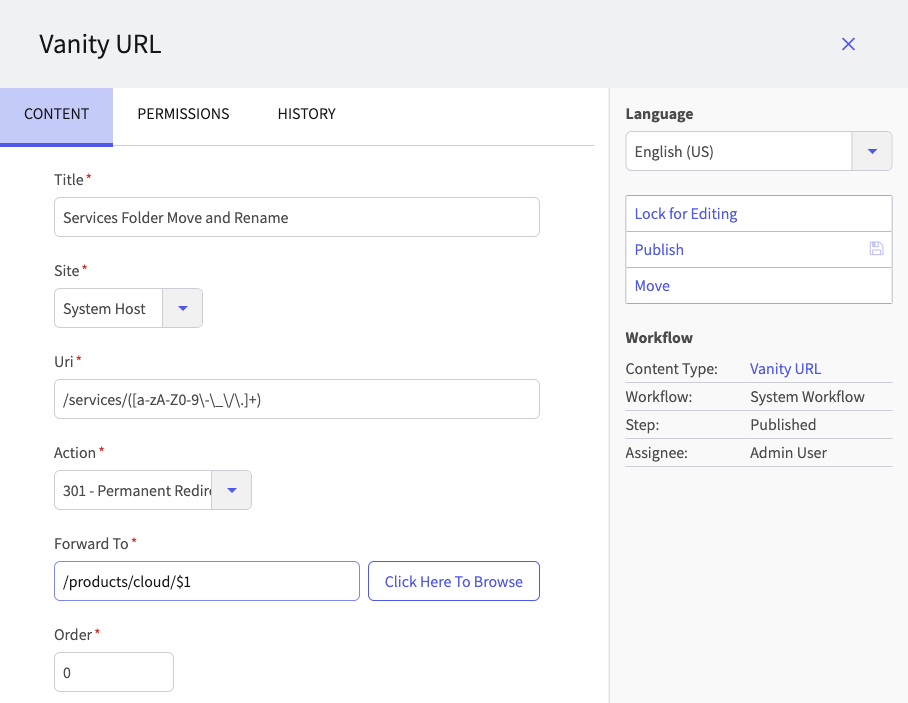 Edit "Services Folder Move and Rename" Vanity URL
