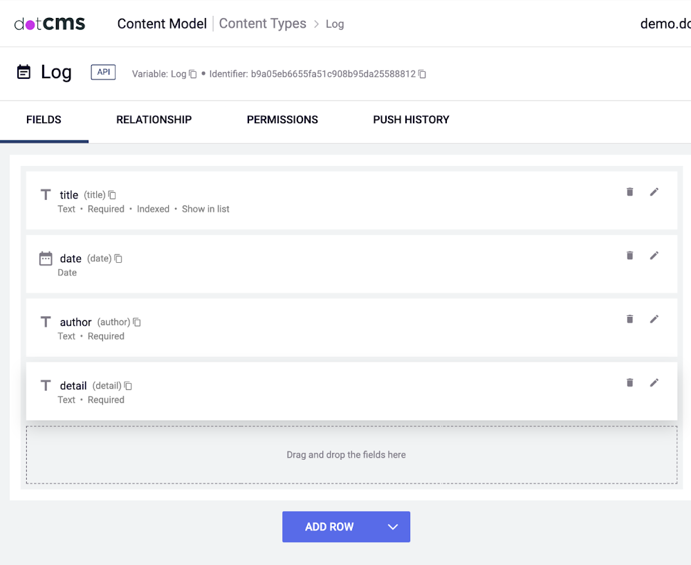 Log Content Type; fields are named title, date, author, detail.