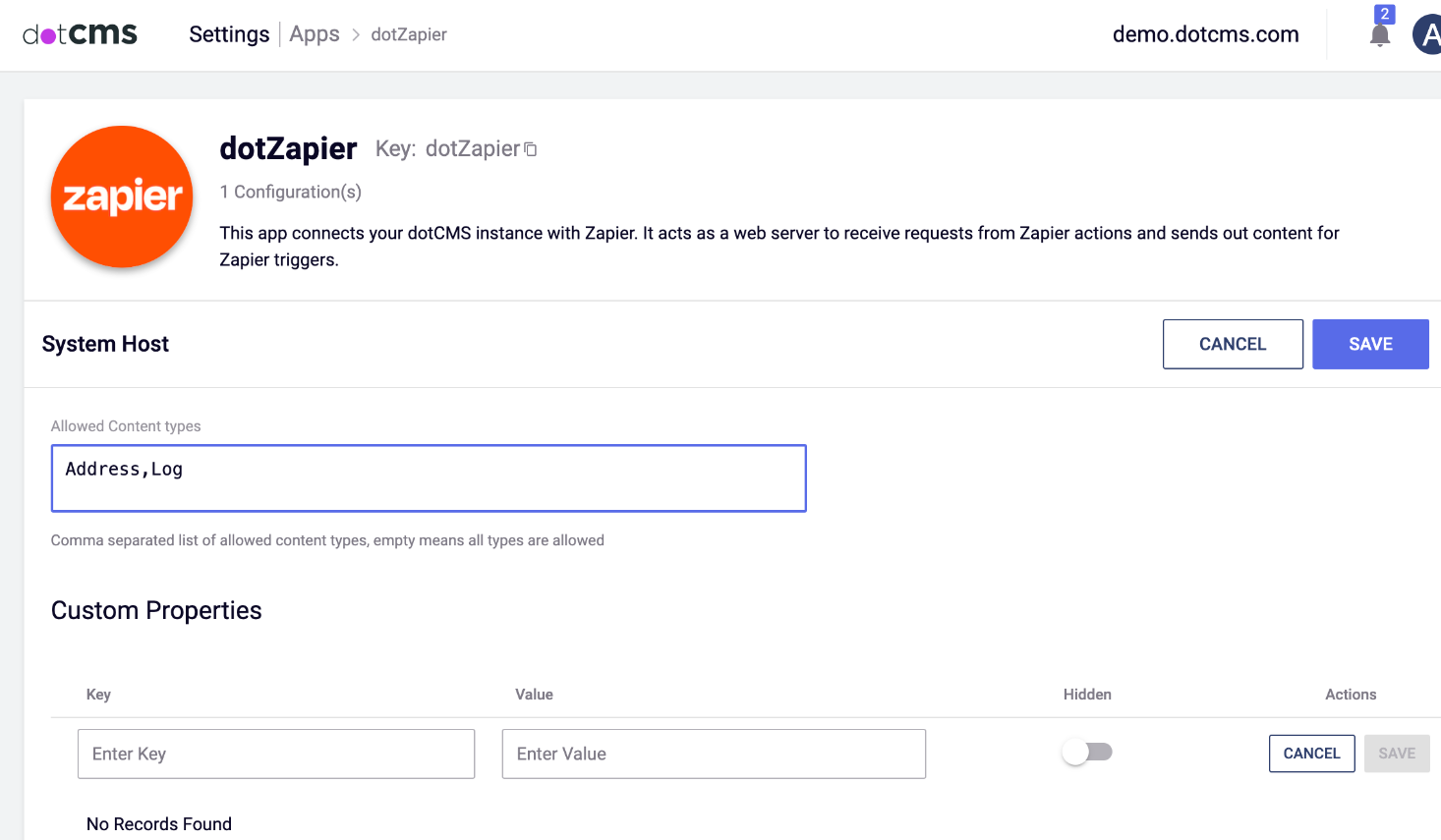 Image of dotZapier app configured for two content types, represented as address comma log.