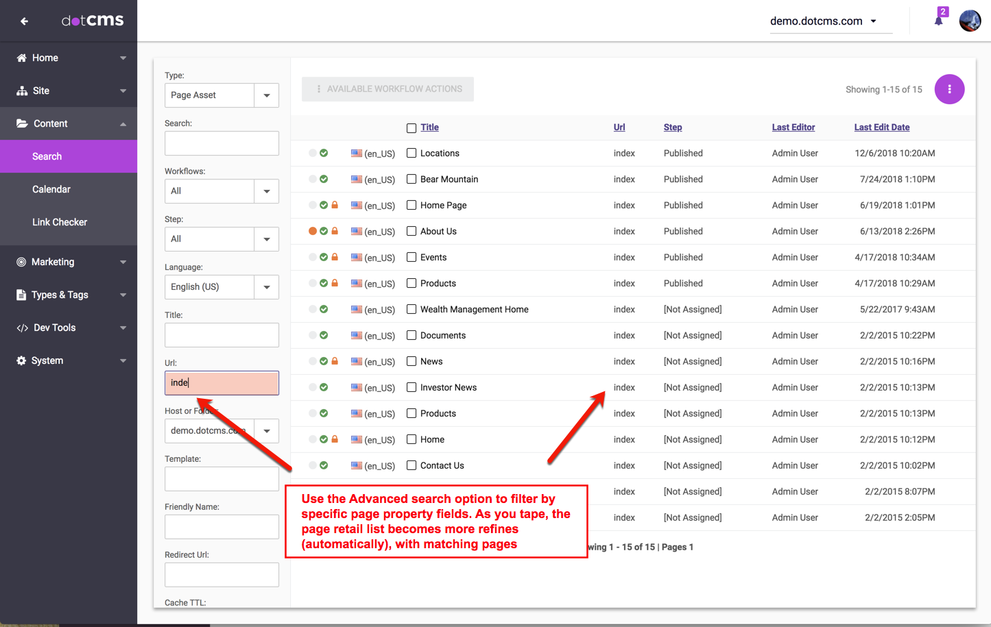 Advanced page search filters