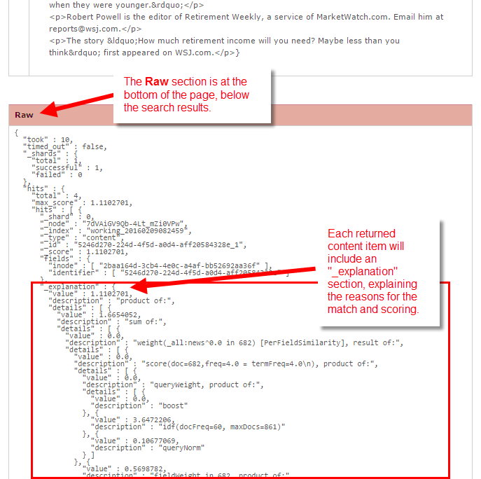 Viewing Explanations in the ElasticSearch Portlet